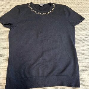 Ann Taylor Black Embellished Silk/Cashmere Blend Short Sleeve Top